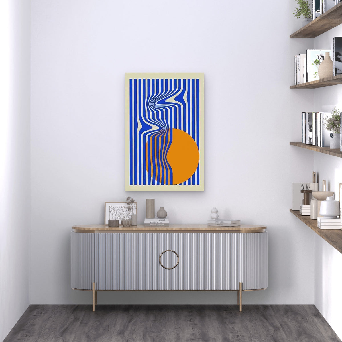Geometric Blue Strips And Yellow Sphere. 60x90cm Metal Print Ready to Hang