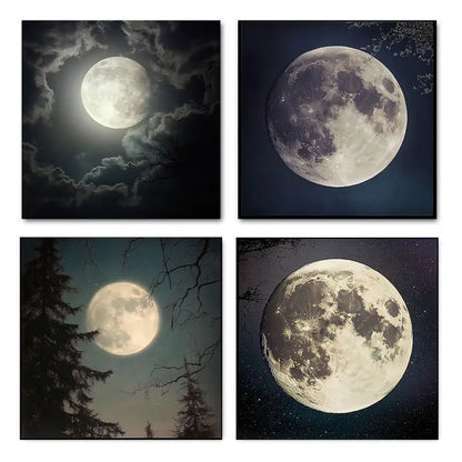 4pcs Full Harvest Moon & Stars Tree Branch Night Sky Wall Art Canvas Framed