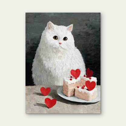 White Cat And Cake And Hearts 60x90cm Metal Print Ready to Hang