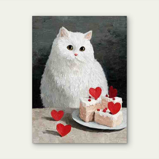 White Cat And Cake And Hearts 60x90cm Metal Print Ready to Hang