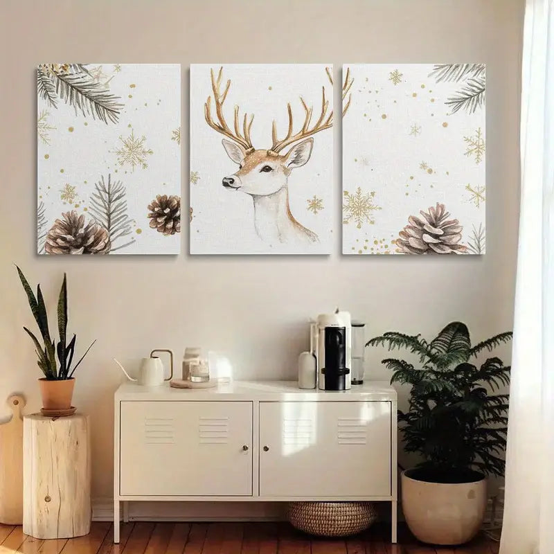 3pcs Golden Antlers & Pine Cones Simple Design Metal Print Ready to Hang Art