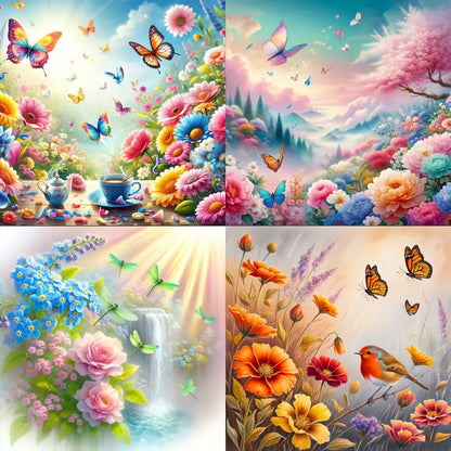 4pcs Spring Birds, Flowers, Animals Wall Art Canvas Framed