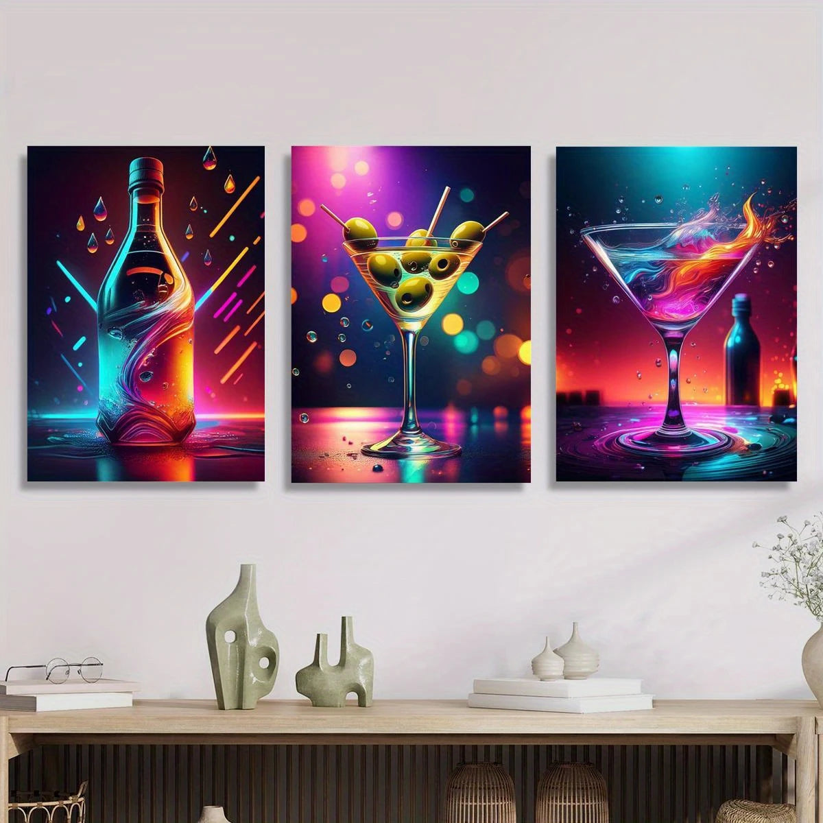 3pcs Roostertail, daily soup bar, neon wine glass Metal Print Ready to Hang Art