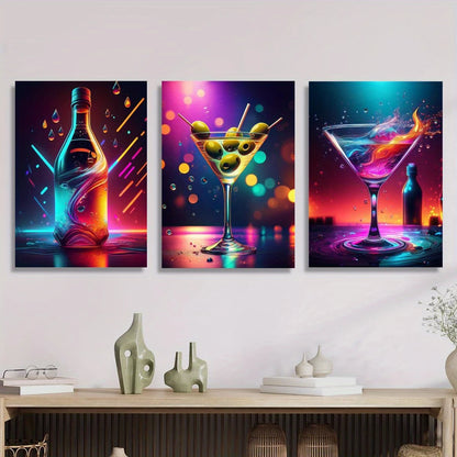 3pcs Roostertail, daily soup bar, neon wine glass Metal Print Ready to Hang Art