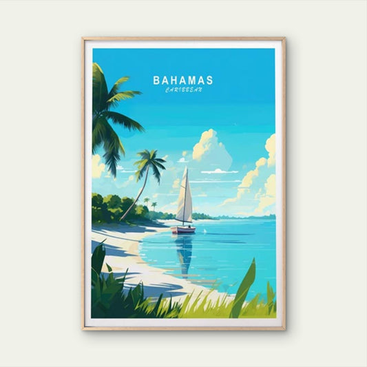 Bahamas Caribbean, Beach and Sail Boats Travel Poster Print Wall Art