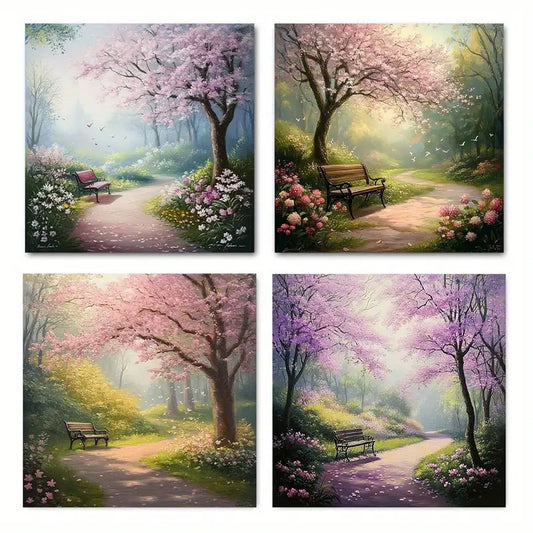 4pcs  Garden Path With Blooming Trees Wall Art Canvas Framed