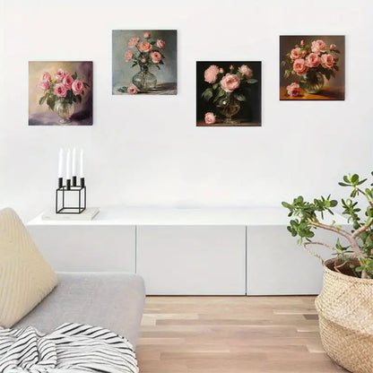 4pcs Pink Rose Flower Decor Wall Art Canvas Framed