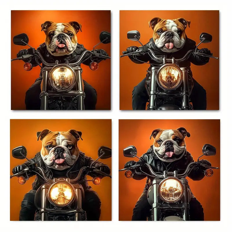 4pcs Abstract Bulldog on Motorcycle  Print o Wall Art Canvas Framed