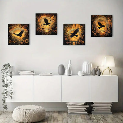 4pcs Wise Bird Flying Among Sunflowers Wall Art Canvas Framed