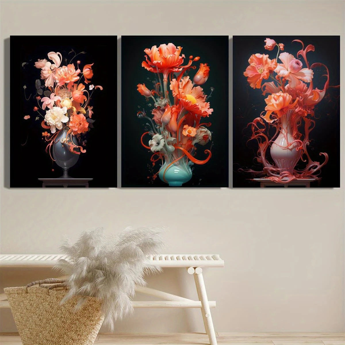 3pcs Abstract Botanical Floral Vase, Flowers Metal Print Ready to Hang Art