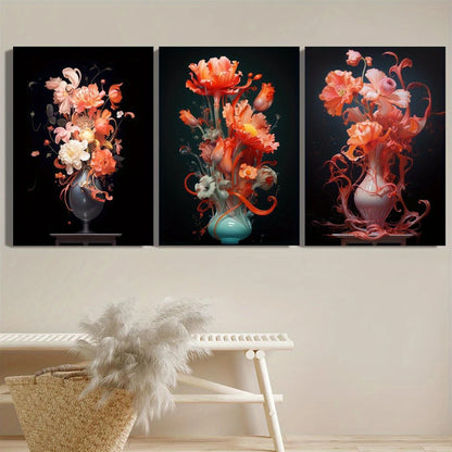 3pcs Abstract Botanical Floral Vase, Flowers Metal Print Ready to Hang Art