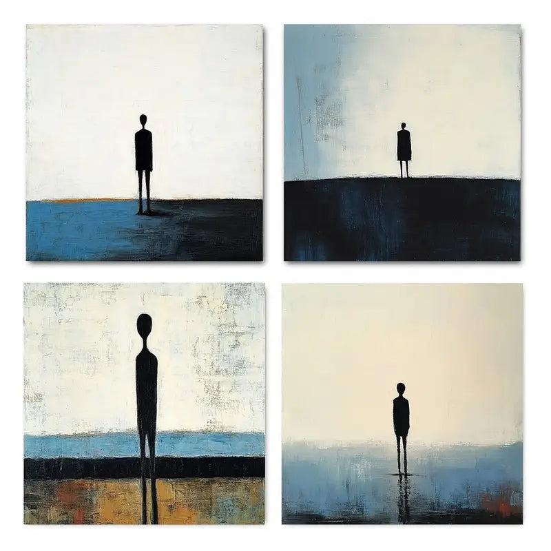 4pcs Minimalist Blue And Black Figures Wall Art Canvas Framed