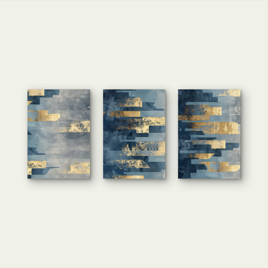 3pcs Modern Luxury Navy Blue Gold Abstract Wall Art Set Canvas Framed 40x60cm - High Quality Print 100% Australian Made Wall Canvas Ready to Hang