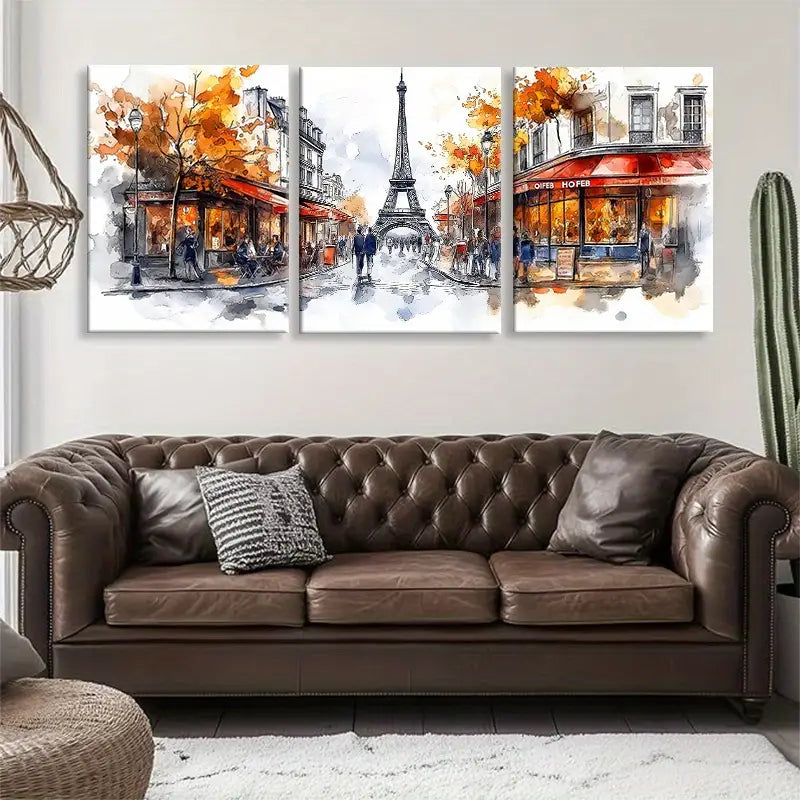 3pcs Elegant Painting of Eiffel Tower & Charming Parisian Streets Metal Print Ready to Hang Art
