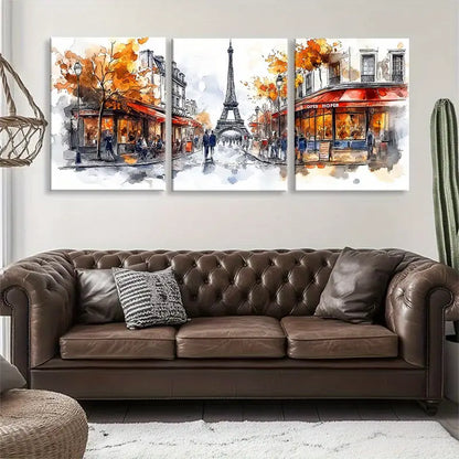 3pcs Elegant Painting of Eiffel Tower & Charming Parisian Streets Metal Print Ready to Hang Art