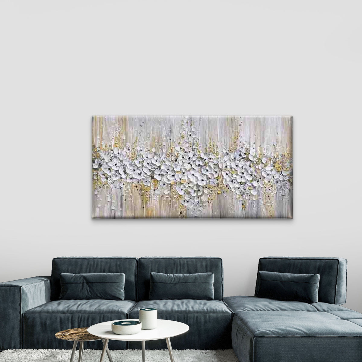 Abstract White Flowers Painting Wall Art Canvas Office Home Room Framed 120x60cm