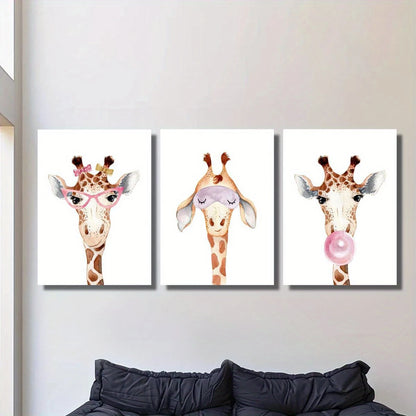 3pcs Cartoon cute watercolor funny giraffe wearing glasses Metal Print Ready to Hang Art