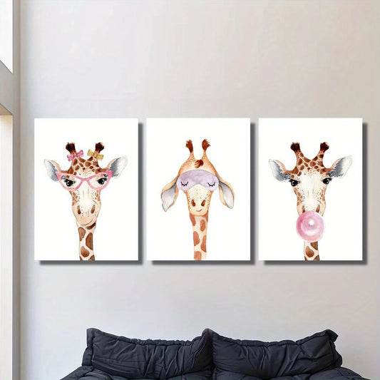 3pcs Cartoon cute watercolor funny giraffe wearing glasses Metal Print Ready to Hang Art