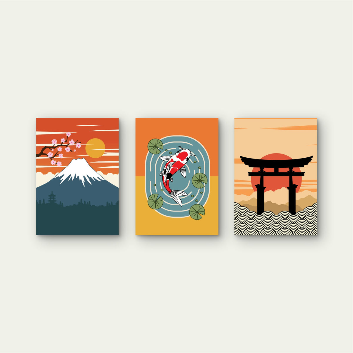 3pcs Japanese Mount Fuji Koi Fish Retro Zen Wall Art Set Canvas Framed 60x90cm - High Quality Print 100% Australian Made Wall Canvas Ready to Hang