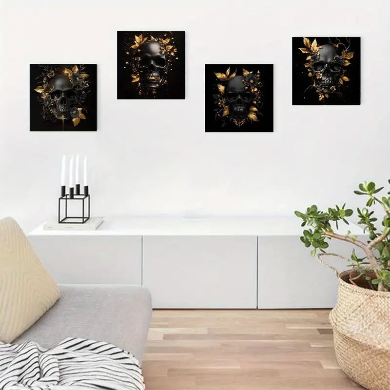 4pcs Skull and Golden Floral Themed SG   Wall Art Canvas Framed