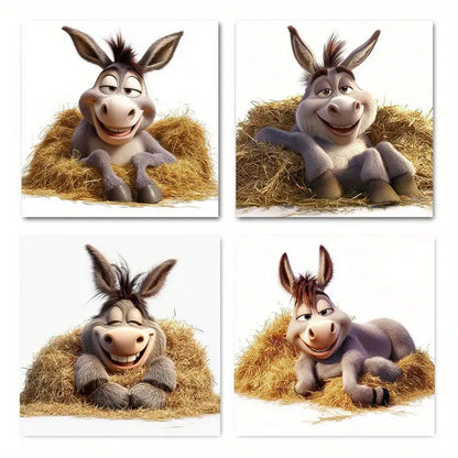 4pcs Happy Donkey Picture HD Wall Art Canvas Framed