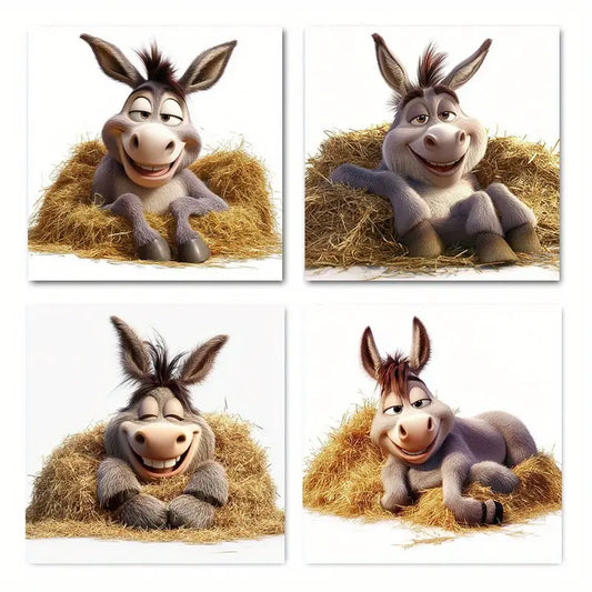 4pcs Happy Donkey Picture HD Wall Art Canvas Framed