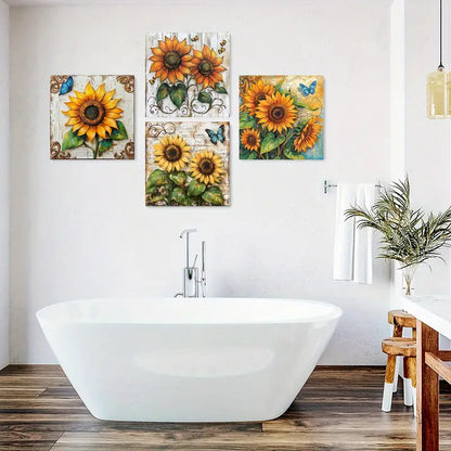 4pcs Sunflower,Butterfly Art Prints, Green Leaf Wall Art Canvas Framed