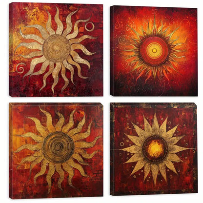 4pcs Sun Pattern Floral Art Deco Style   Wall Art Canvas Framed
