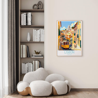 Lisbon Portugal, Train & Colorful House Travel Poster Print Wall Art