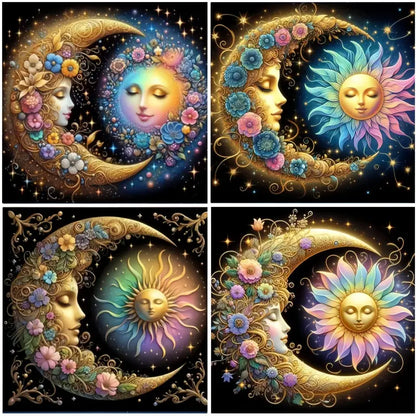4pcs Sun, Moon, Flower Wall Art Canvas Framed