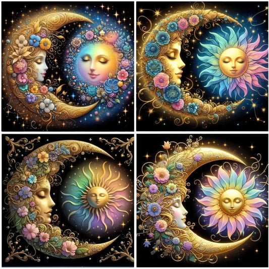 4pcs Sun, Moon, Flower Wall Art Canvas Framed