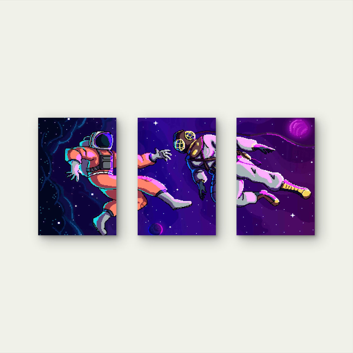 3pcs Retro 8-Bit Pixel Art Astronaut Deep Sea Dive Metal Print Ready to Hang Art