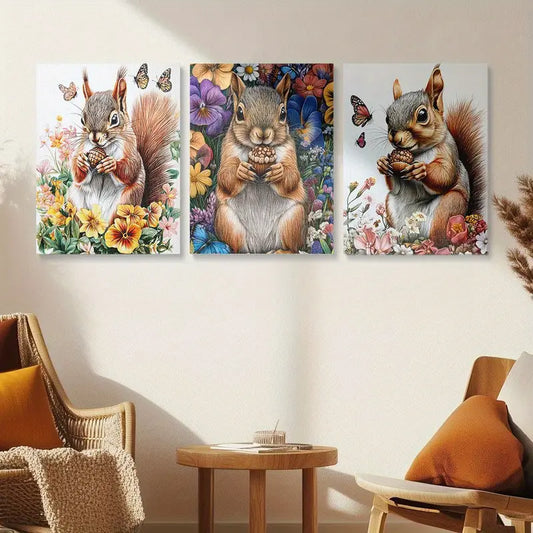 3pcs Squirrel Acorn in Paws, Floral & Butterfly Design Metal Print Ready to Hang Art