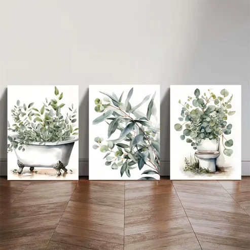 3pcs Plant Bathroom Eucalyptus Art Wall Art Set Canvas Framed 50x70cm - High Quality Print 100% Australian Made Wall Canvas Ready to Hang