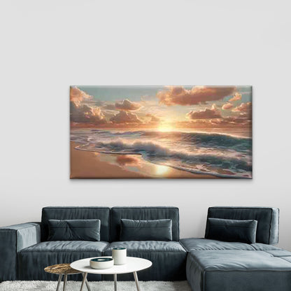 Beach Sunset, with Golden Sun Wall Art Canvas Office Home Room Framed 120x60cm