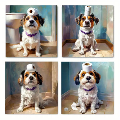 4pcs Funny Dog Toilet Paper Wall Art Canvas Framed
