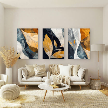 3pcs Abstract Golden Leaf Navy Blue Wall Art Set Canvas Framed 60x90cm - High Quality Print 100% Australian Made Wall Canvas Ready to Hang