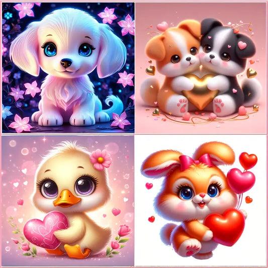 4pcs Cute Puppy,Kitty,Duckling, Bunny With Heart Wall Art Canvas Framed