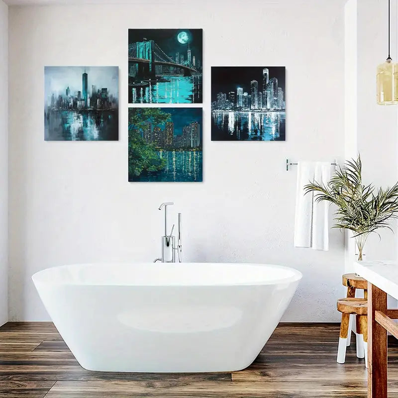 4pcs Nightscape City Poster Wall Art Canvas Framed