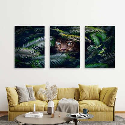 3pcs Leopard Peeking from Palm Leaves Metal Print Ready to Hang Art