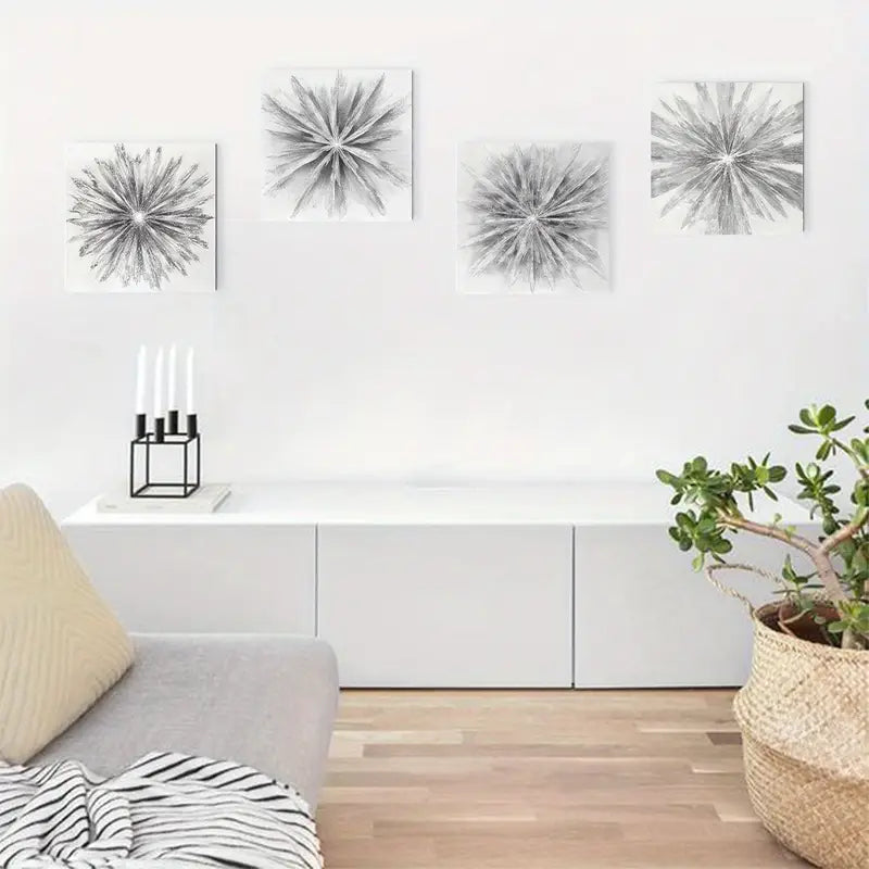 4pcs Grey Black White Radial Line Art Canvas Framed