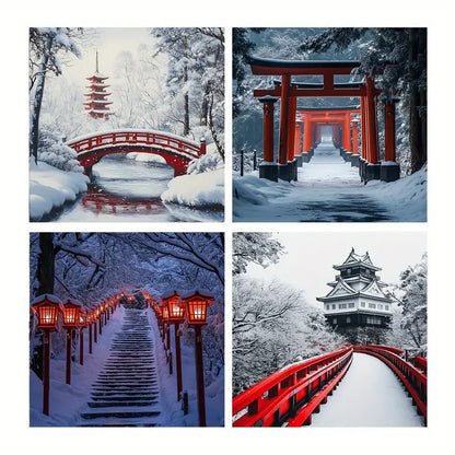 4pcs Red Bridge & Pagoda Winter Wall Art Canvas Framed