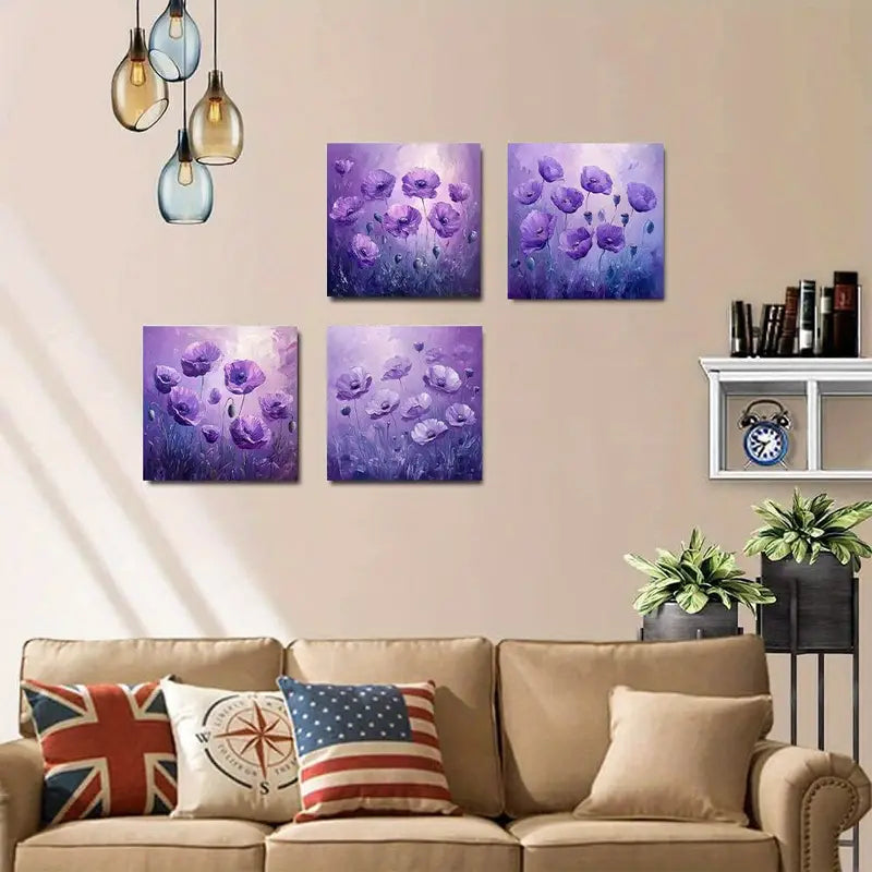 4pcs Purple Poppies in Serene Garden  Wall Art Canvas Framed