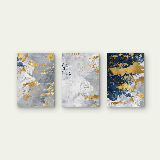3pcs Modern Navy Blue Grey Gold Foil Abstract Wall Art Set Canvas Framed 50x70cm - High Quality Print 100% Australian Made Wall Canvas Ready to Hang