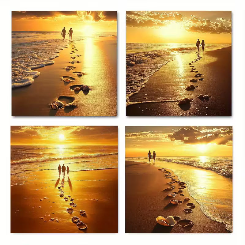 4pcs Golden Sunset Beach Scene With Footprints Wall Art Canvas Framed