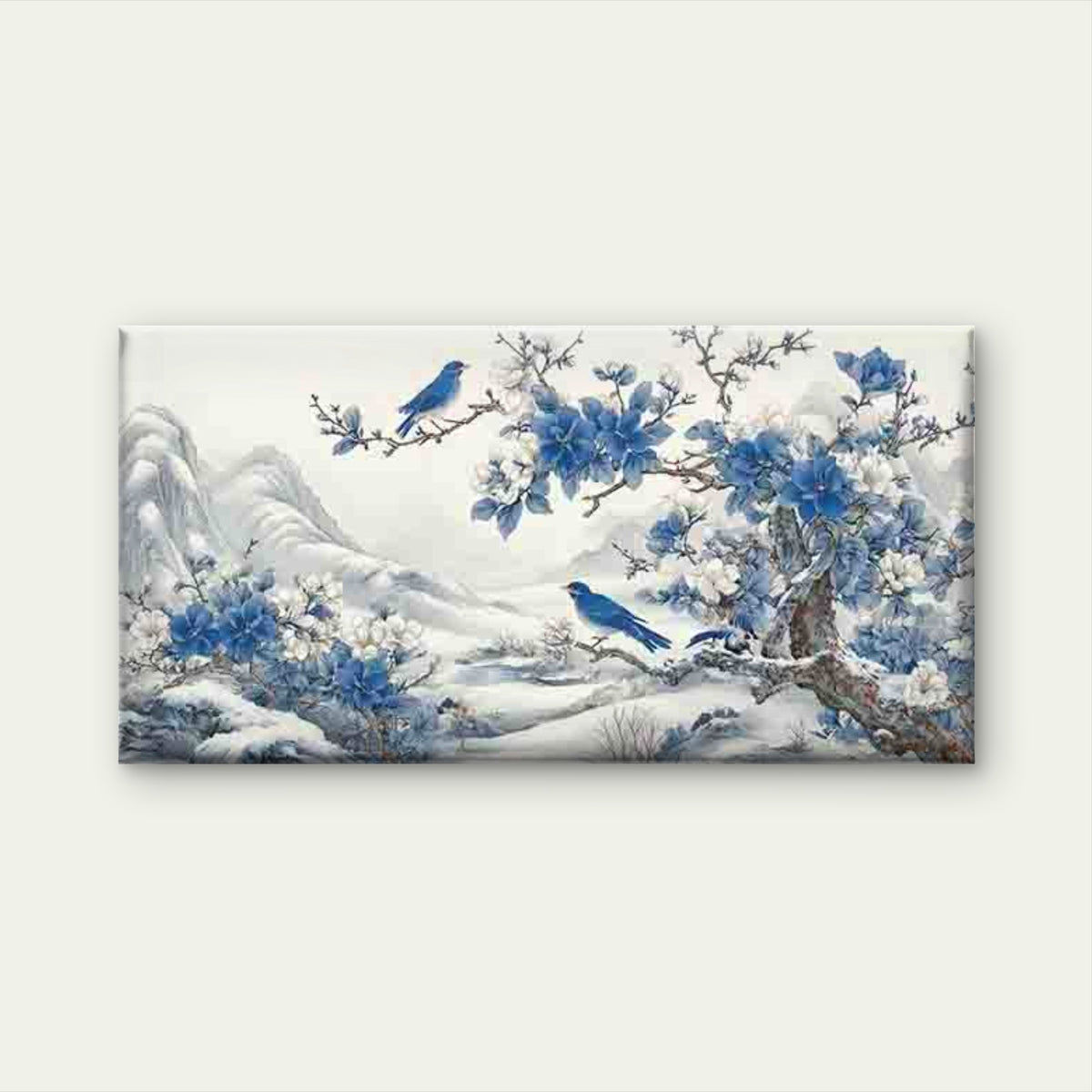 Blue Birds & Snowy Landscape Wall Art Canvas Office Home Room Framed 120x60cm