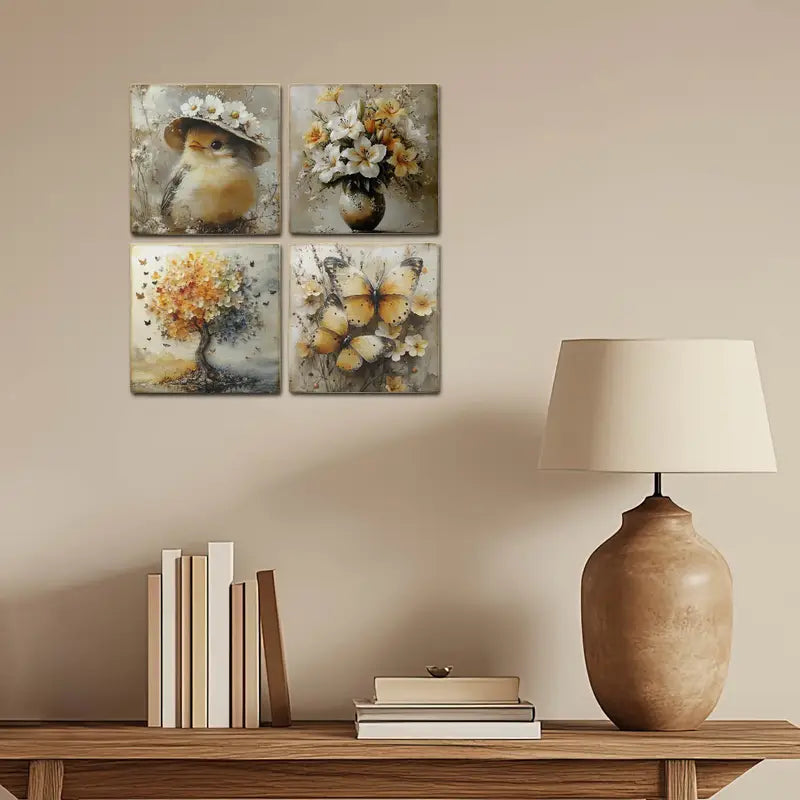 4pcs Bird With Flower Hat Wall Art Canvas Framed