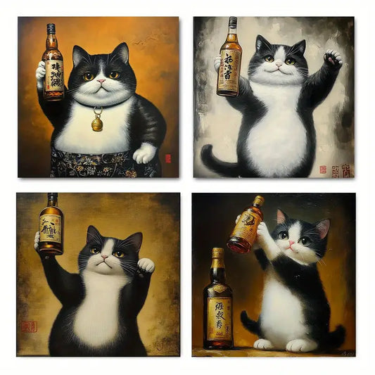 4pcs Adorable Cute Cat Canvas Wall Art Canvas Framed