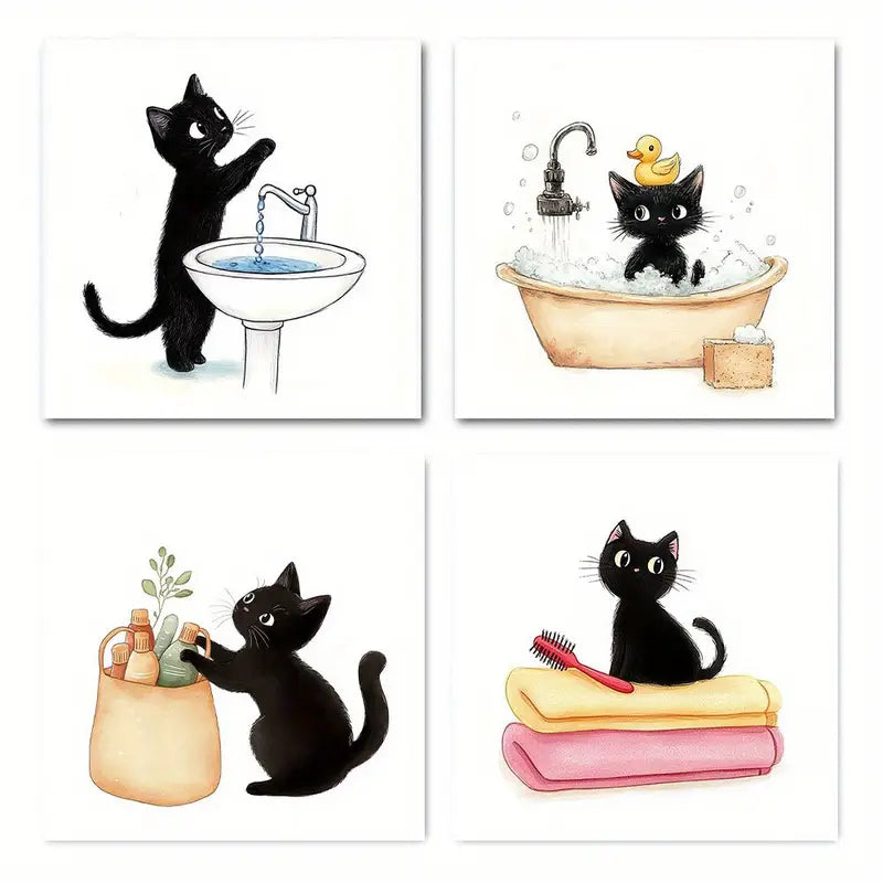 4pcs Black Cat Modern Animals Kitty Bathroo Wall Art Canvas Framed
