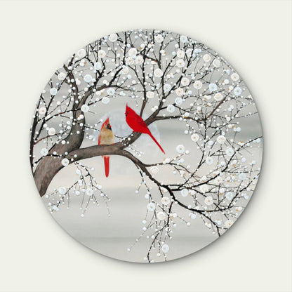 Grey White Flower Blossoming Red Bird Couple Acrylic Glass Rounded Print Tempered Glass Wall Art 100% Made in Australia Ready to Hang